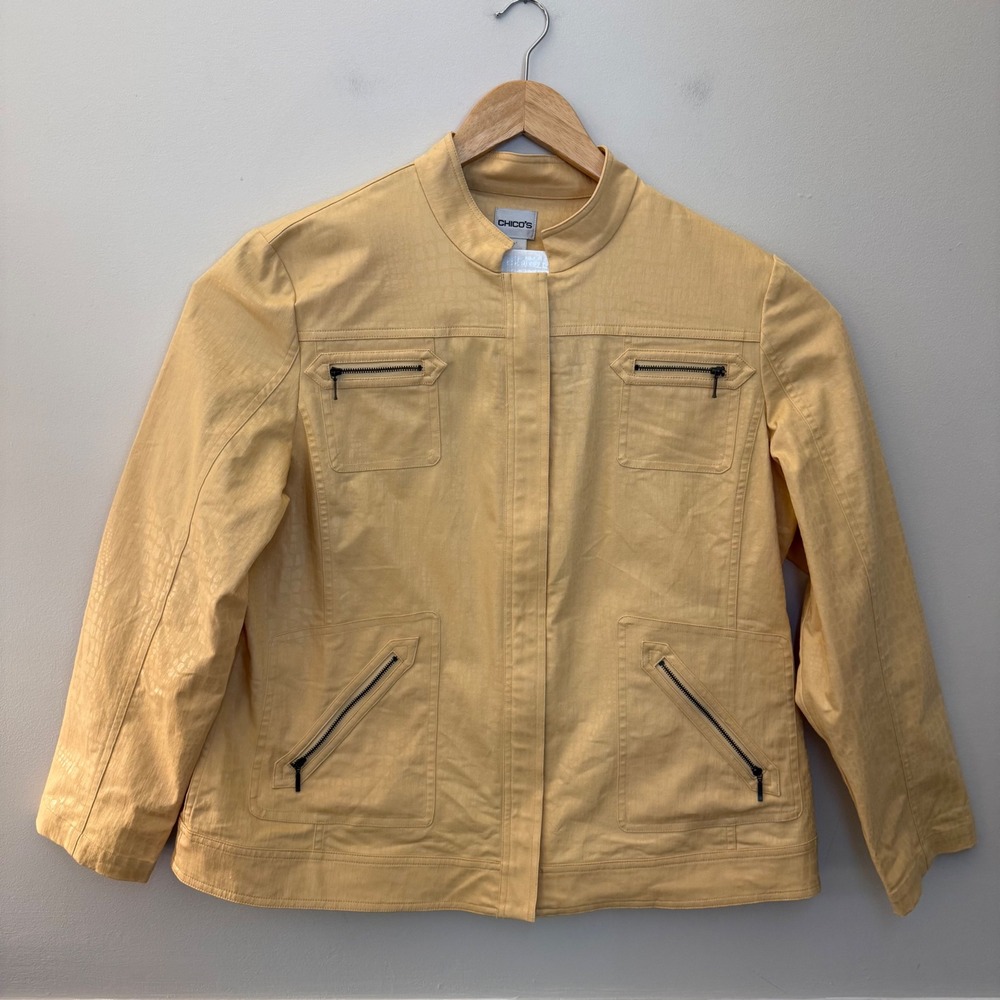 Chico's Croc Embossed Zip Jacket Women Size 3 Yellow Moto Utility Textured XL 16